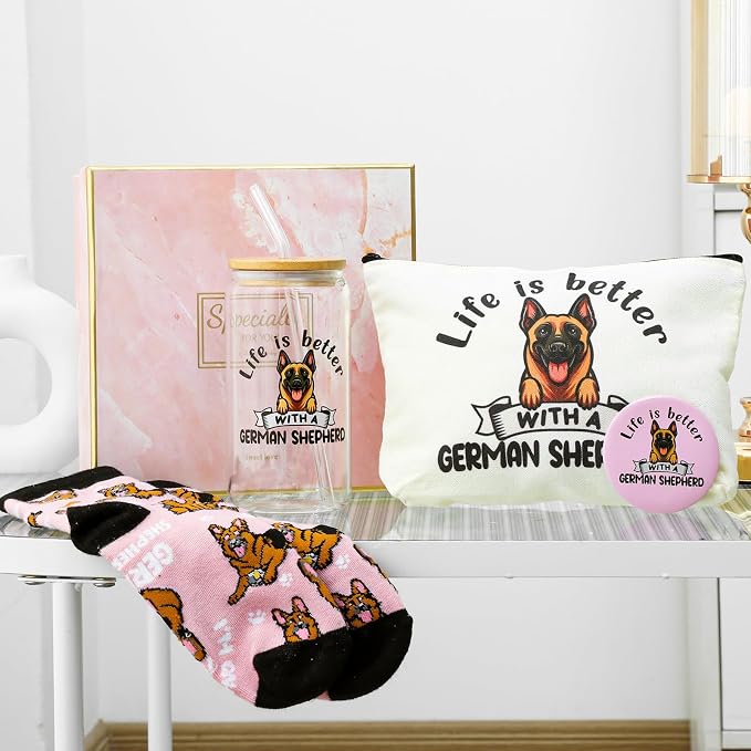Kacctyen 5 Pcs Christmas German Shepherd Gifts for Women German Shepherd Dog Lover Gifts 16oz Glass Cup Tumbler with Lid Straw Makeup Cosmetic Bag Pocket Mirror Sock for Pet Mom Birthday Party Favors