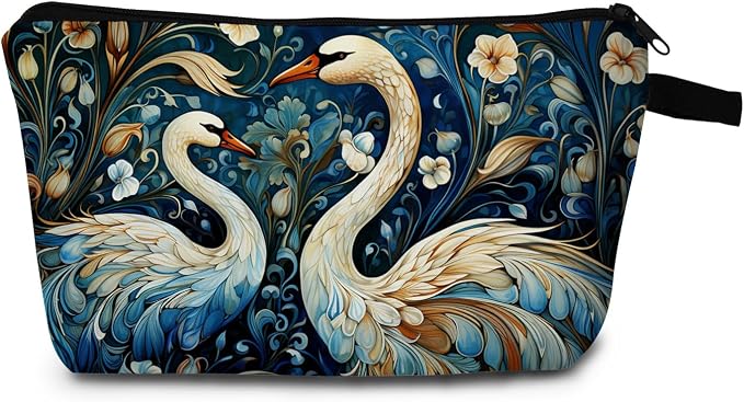 Swan & Floral Print Cosmetic Bag Nature Gift for Birthdays & Holidays Zippered Garden Organizer Travel Makeup Bag