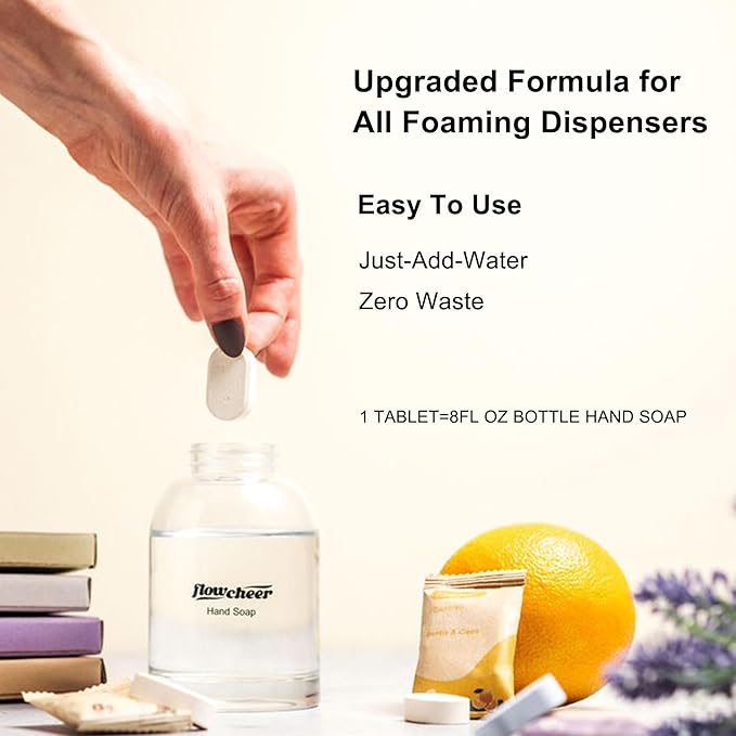 Foaming Hand Soap Refill Tablets - Glass Foaming Soap Dispenser Combo - CrystalClear Real Glass Bottle 11 oz - 4 Refill Tablet Included Start Kit - Soap Pump for Bathroom Kitchen Countertop