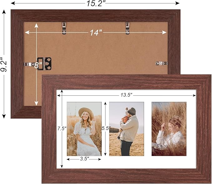 8x14 Picture Frame Display 3 opening 4X6 Picture Frame Collage,Multi Photo Frame with Mat,Plexiglass,Wall Hanging Decor,Walnut Wood Grain