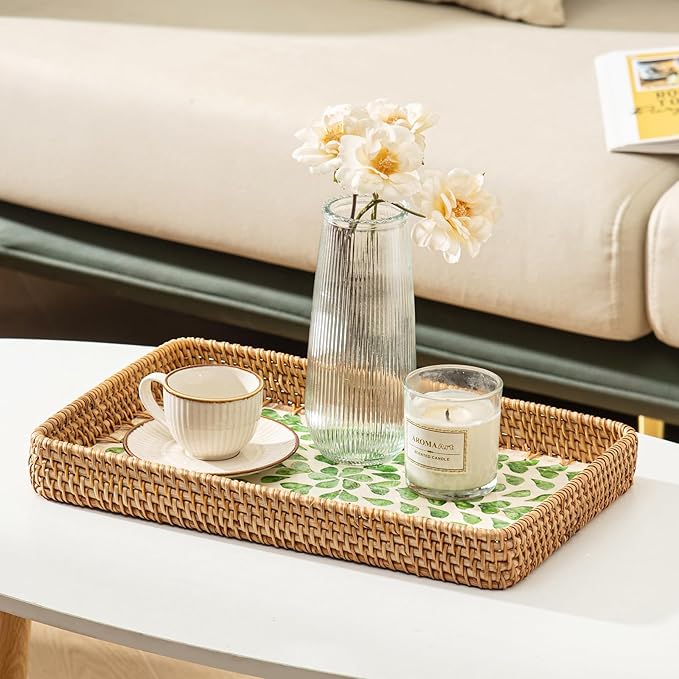 Set of 3 Rectangle Rattan Trays for Decor, Wicker Serving Tray Boho, Hand-Woven from Natural Rattan with Mother of Pearl Inlay, Vintage Woven Decorative Trays for Coffee Table, Bathroom, Dining Table