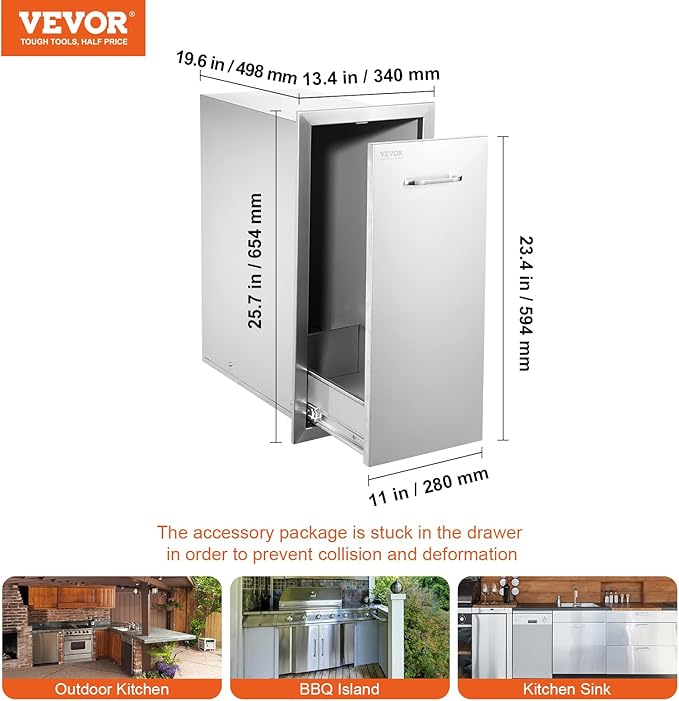 VEVOR Pull-Out Trash Drawer 13.4"W x 25.7"H x 19.6"D Lower Sliding Rails Steel Roll-Out Trash Bin Pull-Out Tray Outdoor Handled Kitchen Trash Drawer for BBQ Island Grill Station Trash Can NOT Included