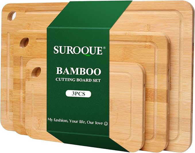 Bamboo Cutting Board Set of 3 for Kitchen, Chopping Boards with Juice Groove & Built-in Handles, Perfect for Meat, Vegetables, Fruits, Kitchen Gift for Home Cooks & Chef, Light Yellow