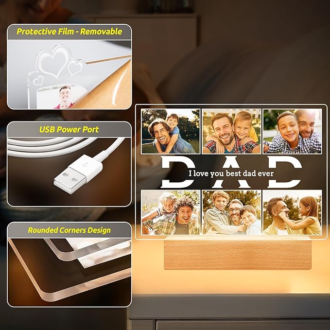Personalized Birthday Gifts for Dad from Daughter Son, Custom Picture Frames with Photos, Customized Photo Frame with Night Light, Personalized Christmas Gifts for Dad Baby Kid Family