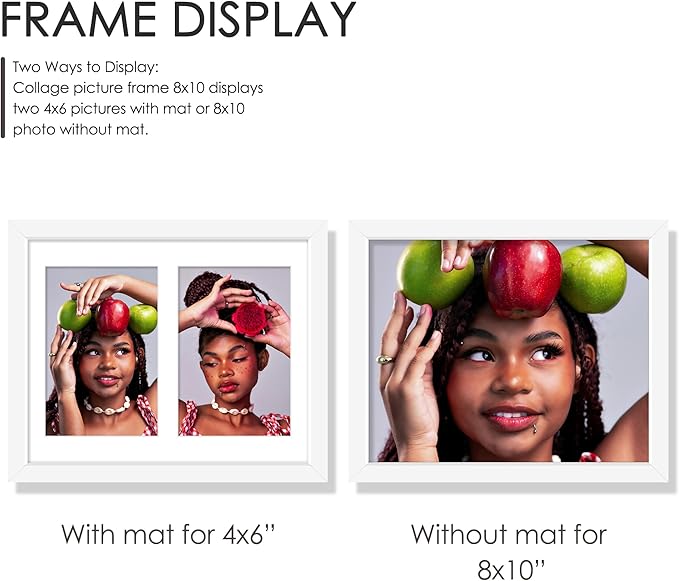 8x10 Double Picture Frame For Displaying Double 4x6 Picture Frame for Wall Mounting or Tabletop, White.