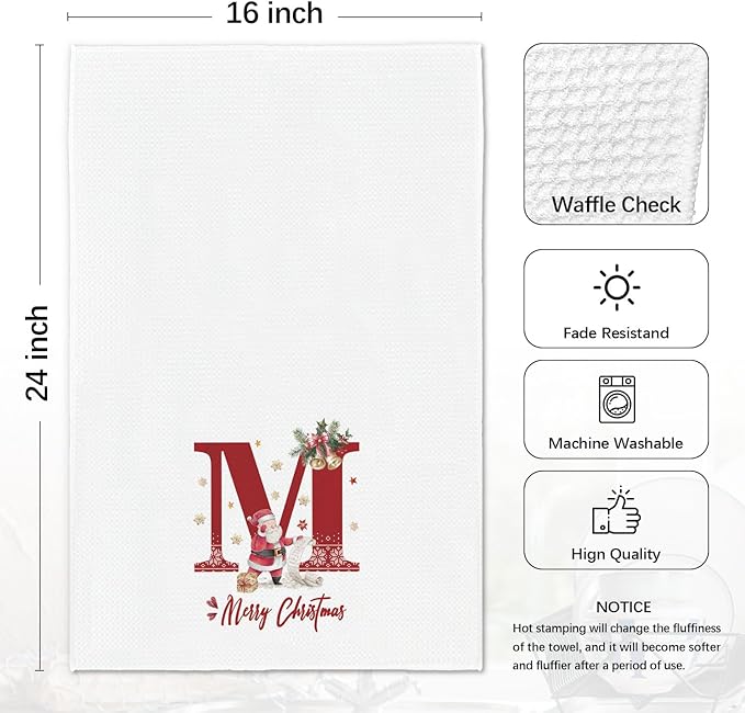 Christmas Initial Letter M Kitchen Towels Personalized Gifts Dish Towels Hand Towels for Kitchen Decorations, Christmas Birthday Gifts for Women, 24x16 Inch