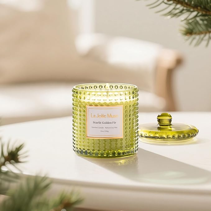 LA JOLIE MUSE Christmas Candle, Starlit Golden Fir Candle - Cedarwood, Patchouli, Fir Balsam | 10 oz Natural Soy Wax | 55 Hours Clean Burn |Winter Holiday Gift | Gift-Ready for Hosts & Gatherings