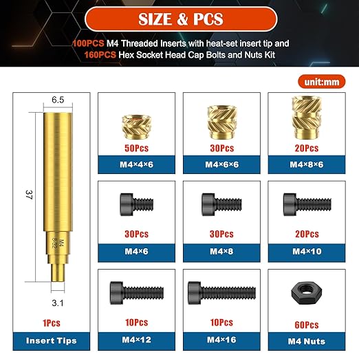 261Pcs M4 Threaded Inserts with Heat Set Insert Tips & Hex Socket Head Cap Bolt Set, Brass Heat Set Insert for Plastic and 3D Printing Components