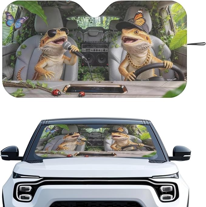 Funny Windshield Sun Shade Foldable Bearded Dragons Car Front Window Sun Shade Universal Fits for Most Cars SUV Block UV Rays Reflective Sun Blocker Car Interior Accessories