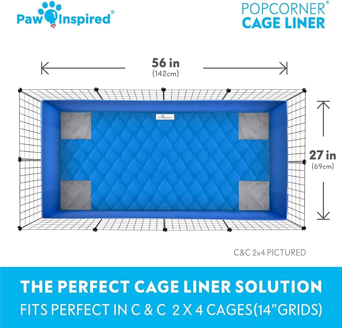 Paw Inspired PopCorner Washable Fleece Cage Liners, C&C 2x4, Blue | Reinforced Corners, Super Absorbent Mat, Bedding, Waterproof Bottom, Guinea Pigs, Ferrets, Rabbits, Hamsters, Small Animals