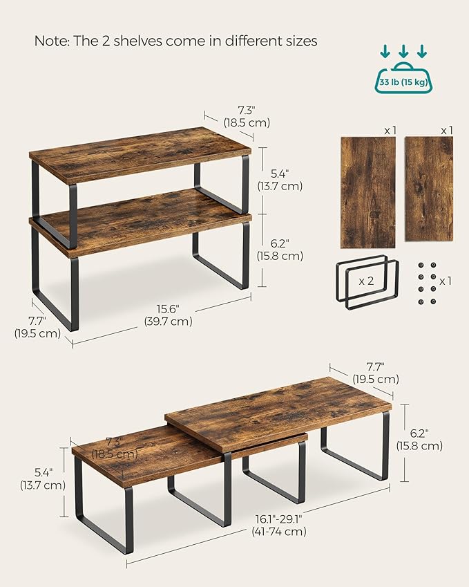 SONGMICS Cabinet Organizer Shelf, Set of 2 Kitchen Counter Shelves, Kitchen Storage, Spice Rack, Stackable, Expandable, Metal and Engineered Wood, Ink Black and Rustic Brown UKCS200X01