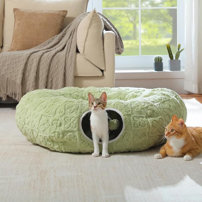 PEQULTI Green Donut Cat Tunnel Bed Washable Plush Mat for Multi Small Pets | Round play tube with soft detachable plush mat, multi-pet toy fit indoor cats, kittens, puppies, rabbits and ferrets