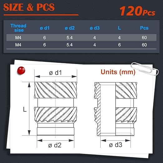 120Pcs M4 Threaded Inserts, M4 Female Thread Metric Knurled Nuts Assortment Kit, Brass Heat Set Insert for Plastic and 3D Printing Components (M4x4x6, M4x6x6)