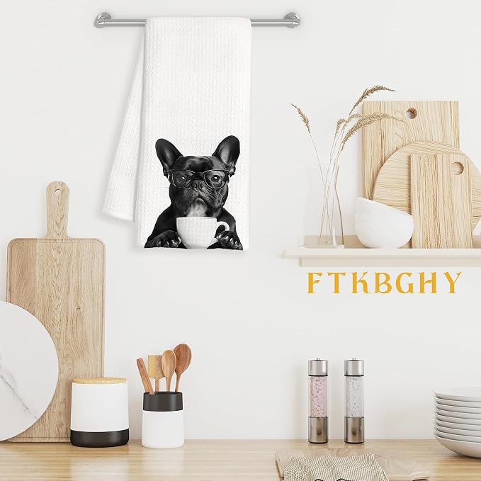 Funny French Bulldog Coffee Kitchen Towels, Frenchie Gifts for Women, Gifts for French Bulldog Lovers Decorative Dish Hand Tea Towels for Kitchen Coffee Bar Decor, 16x24 Inch