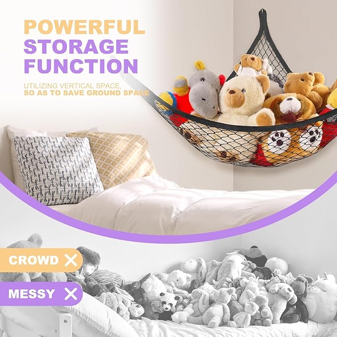 Stuffed Animal Net Hammock for Plushie Toys, Stuffed Animal Hammock Corner for Kids' Room Decor, Ideas for Organizing Stuffy Collection, Easy to hang with Anchors & Hooks