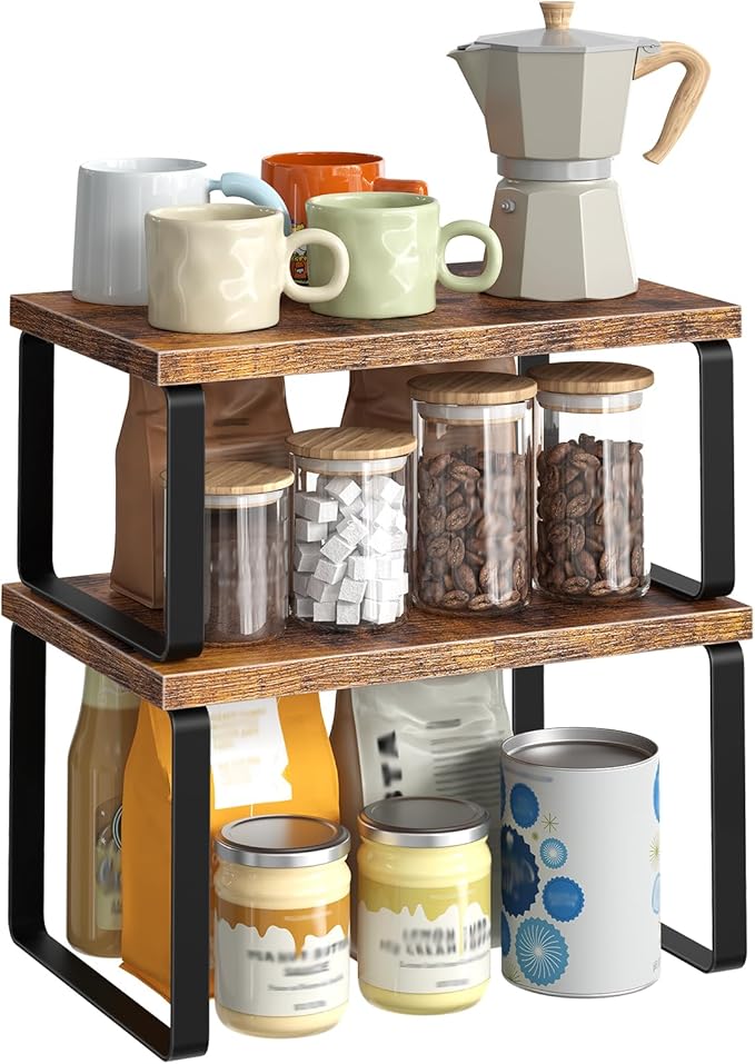 HOOBRO Spice Rack Set of 2, Kitchen Counter Organizer, Kitchen Storage, Cabinet Organizer Shelf, Nest, Stackable, Side-by-Side & L-Shape for Cabinet, Kitchen, Rustic Brown and Black BF33TL01