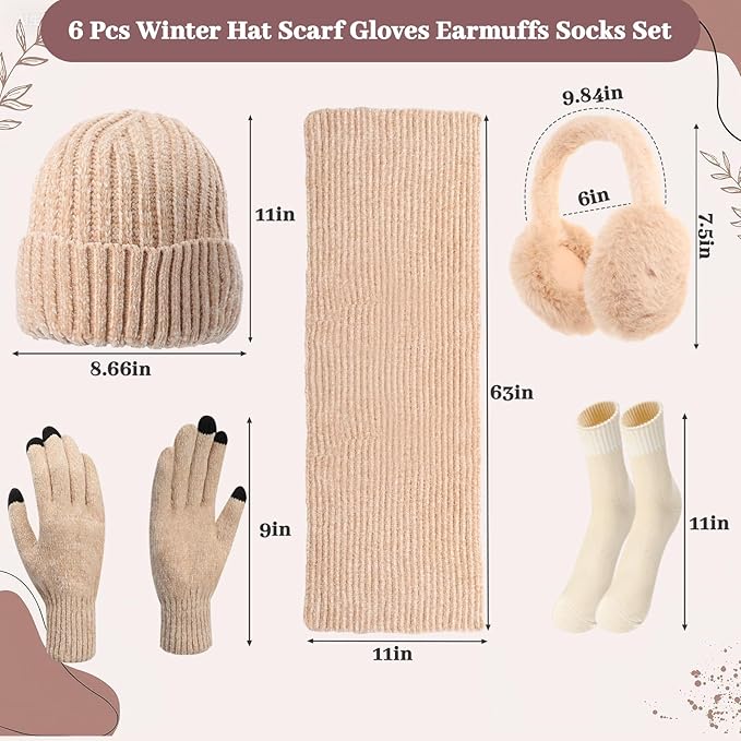 Geyoga 6 Pcs Winter Knit Set Beanie Hat Long Scarf Touchscreen Gloves Ear Muff Socks Warm Valentine Gift for Women Men Snow(Beige,Classic Style)