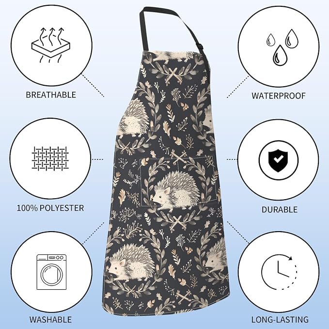 Cute Hedgehog Apron for Women with Woodland,28x33in,Rustic Kitchen Aprons with 2 Pockets,Oxford Fabric,Foliage Adjustable Dark Black Apron for Cooking Baking Gardening Chef,Gifts for Mom Wife