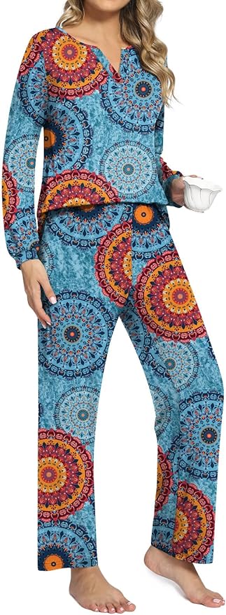 Anyally Women's Plus Size Pajama Sets Ladies Fall Pjs 2 Pieces Lounge Outfits V Neck Long Sleeves Sleepwear with Pockets