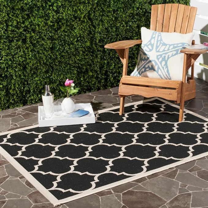 SAFAVIEH Washable Rug Outdoor Courtyard Collection - 4' x 5'7", Black & Beige, Non-Shedding & Easy Cleaning, Ideal for Patio, Backyard, Mudroom (CY6914-266)
