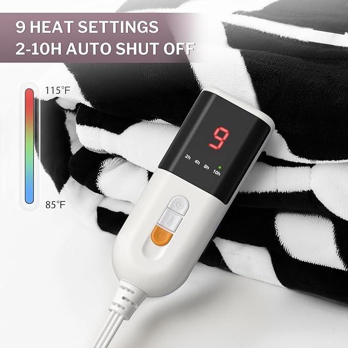 VENTIMI Electric Blanket Heated Throw, 72" x 84" Heated Blanket with 9 Heat Levels & 2 to 10 Hours Auto Off, Fast Heating Blankets with ETL & FCC Certification, Black