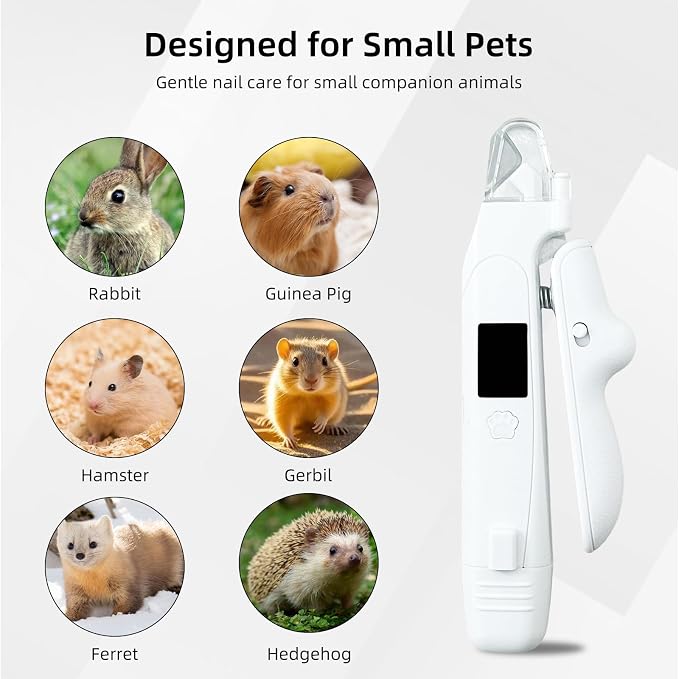 2-in-1 Guinea Pig & Rabbit Nail Grinder & Clipper - Rechargeable Electric Nail File Trimmer with LED Light, Quiet Low-Speed for Small Pets, Bunny - Safe No-Bleed Grooming Tool - White