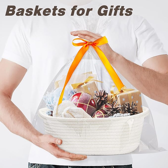 Pro Goleem Small Woven Basket with Gift Bags and Ribbons Durable Baskets for Christmas Gifts Empty Small Rope Basket for Storage 12"X 8" X 5" Baby Toy Baskets with Handles, White