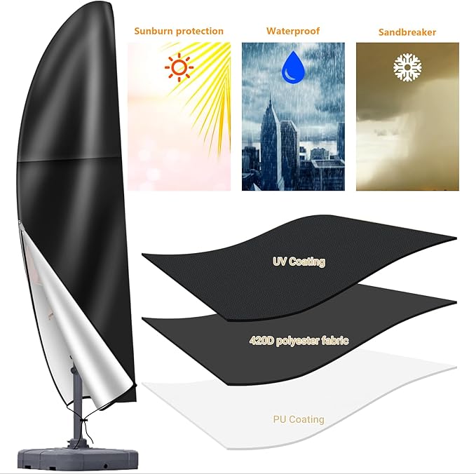 Patio Cantilever Umbrella Covers for Outdoor: Waterproof Offset Umbrella Cover Banana Style with Zipper fits 9FT to 14FT, Black