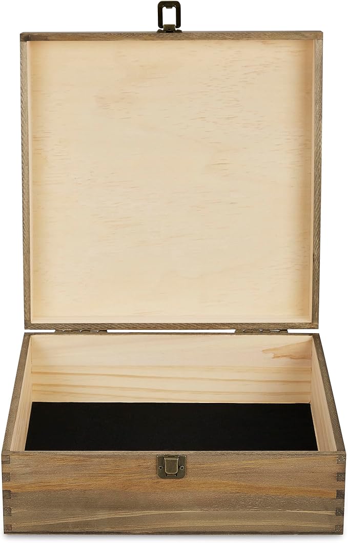 makerflo Large Dark Walnut Wood Memory Box (Pack of 1) with Hinged with Clasp, Black Felt Inside, Keepsake Wooden Box Ideal for Craft and Personalization (Laser Engraving, Epoxy, UV DTF, and Vinyl)