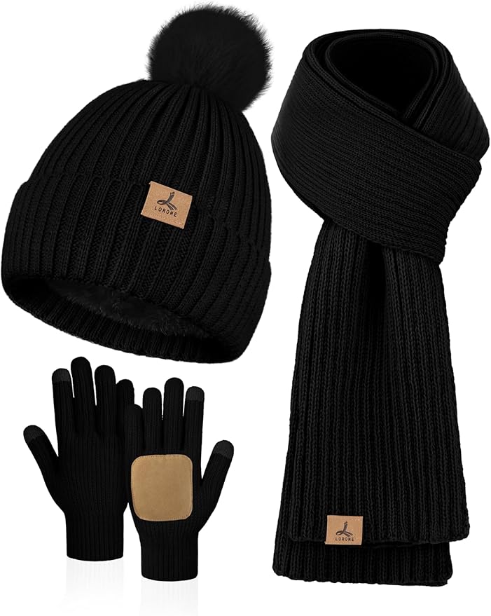 LOROME Women Winter Beanie Hat Scarf Gloves Set, Fleece Knitted Pompom Hat Warm Neck Scarf Touchscreen Gloves Winter Gift