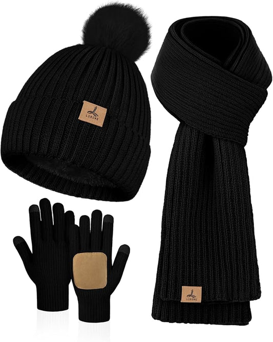 LOROME Women Winter Beanie Hat Scarf Gloves Set, Fleece Knitted Pompom Hat Warm Neck Scarf Touchscreen Gloves Winter Gift