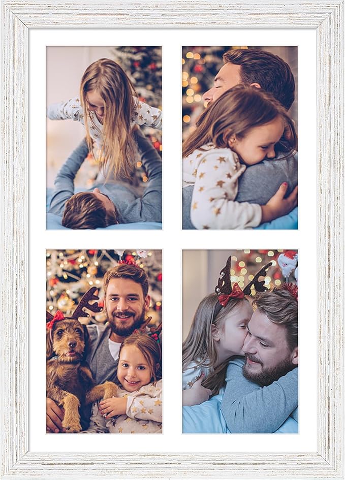 9x13 Collage frame with 4 Openings 4X6 Pictures, Multiple Picture Frame with Mat, Wall or Tabletop Decor, White Wood Grain (1 Pack)