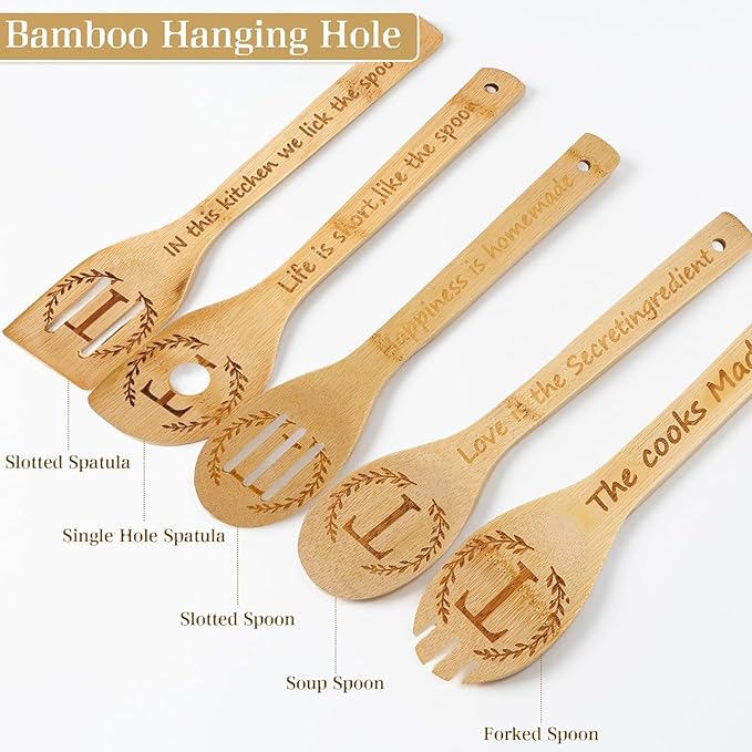 5PCS Initial Wooden Cooking Spoons Initial Letter Kitchen Decor Gifts Personalized Monogrammed Birthday Gifts for Women Mom Friend Housewarming Wedding Bamboo Cooking Spoons