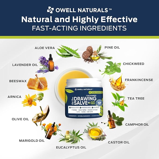 OWELL NATURALS Chickweed Drawing Salve for boils, Splinters, Poison Ivy/Oak, Skin Disorder, Irritations, Burns, Minor Cuts, Dry Skin, Itching (4 Fl Oz (Pack of 1))