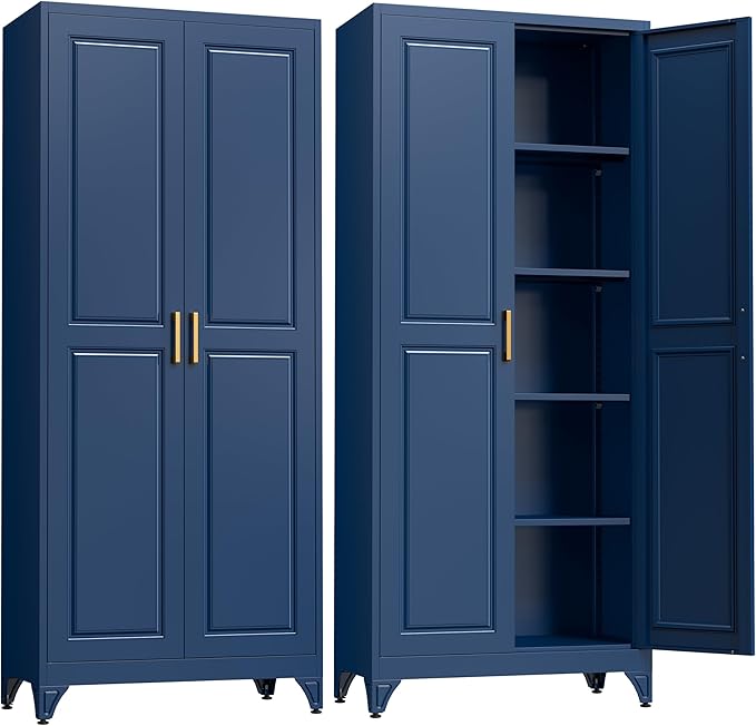 Kitchen Pantry Cabinet,75”Blue Metal Storage Cabinets with Doors and 4 Adjustable Shelves,Kitchen Cabinet with 2 Gold Handles,Tall Cabinet for Livingroom,Pantry, Bathroom