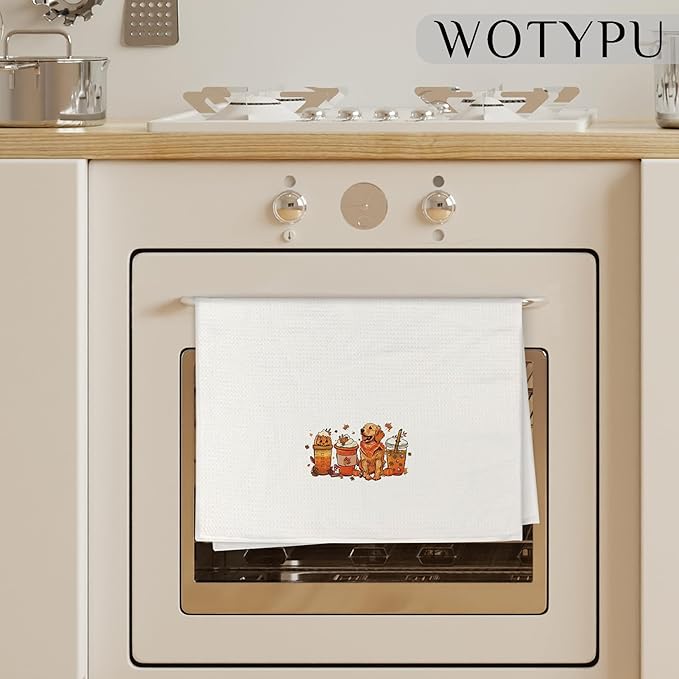 Fall Golden Retriever Coffee Kitchen Towels, Fall Halloween Pumpkin Coffee Dish Tea Towel for Kitchen, Farmhouse Autumn Maple Leaf Pine Cone Hand Towels for Bathroom Decor, 16x24 Inch