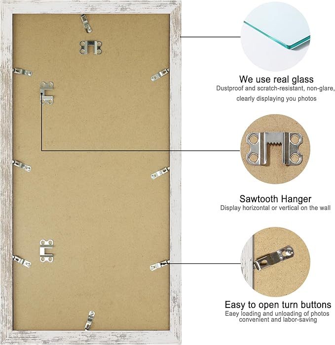 10x20 Picture Frame Set of 2, Distressed White Wood Frame with Real Glass Collage Frame, Display Pictures Three 5x7 With Mat or 10 x 20 Without Mat - Horizontal or Vertical Wall Mounting
