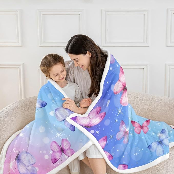 Feelyou Girls Butterfly Fleece Throw Blanket Baby 30"x40" Kids Pink Blue Glitter Print Sherpa Blanket Plush Fuzzy for Bed Couch Chair Living Room, Dreamy Girly Bed Blanket Princess Style Room Decor
