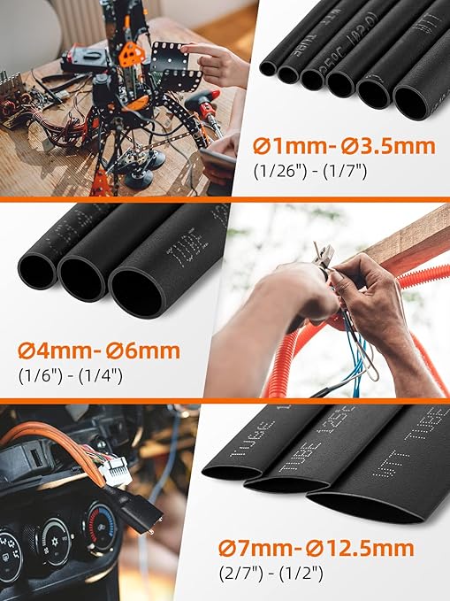 900PCS Wire Heat Shrink Tubing Kit, Industrial Heat-Shrink Tubing for Wires, 2:1 Marine Grade Heat Shrink Wrap, Premium Large Electrical Waterproof Heat Shrink Tape (Black 12 Sizes)