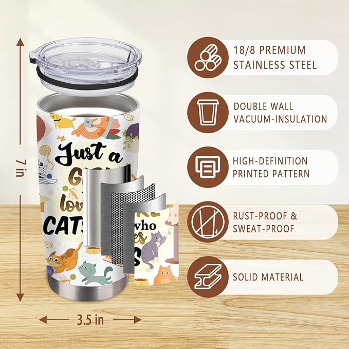 Cat Gifts for Women, Just a Girl Who Loves Cats Tumbler with Straw 20 Oz, Animal Lovers Gifts for Thanksgiving Christmas, Cat Themed Gift for Cats Mom Lover, Kitty Insulated Travel Cup, 1 PCS
