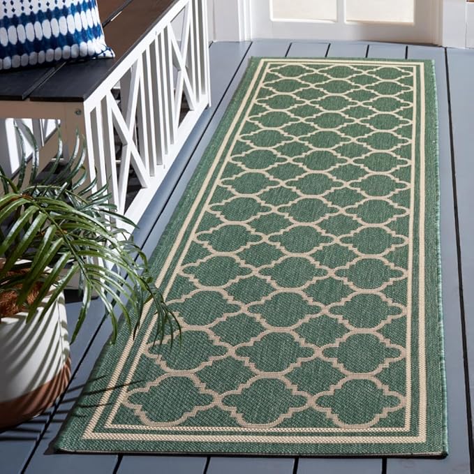 SAFAVIEH Washable Rug Outdoor Courtyard Collection - 2'3" x 10' Runner, Dark Green & Beige, Non-Shedding & Easy Cleaning, Ideal for Patio, Entryway, Mudroom, Hallway, Kitchen (CY6918-322)