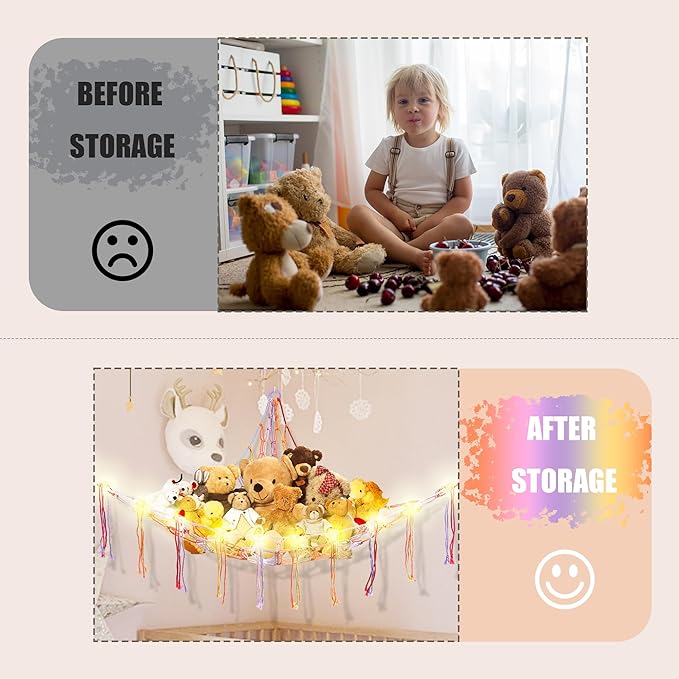CERETIA Stuffed Animal Hammock with LED Light, Large Stuffed Animals Storage Corner Plushie Net for Kids Room Decor, Jumbo Rainbow