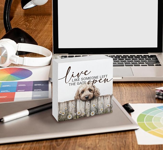 Goldendoodle Wooden Box Sign, Rustic Farmhouse Live Like Someone Left the Gate Open Signs for Home Decor,Farm Dog Office Kitchen Bedroom Decor,Goldendoodle Gifts for Kids Women Men,6x6