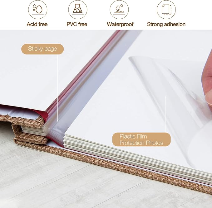 potricher Large Photo Album Self Adhesive 3x5 4x6 5x7 8x10 10x12 Pictures Linen Cover 40 Blank Pages Magnetic DIY Scrapbook Album with A Metallic Pen (Khaki, 13.2x12.8 inches 40 Pages)