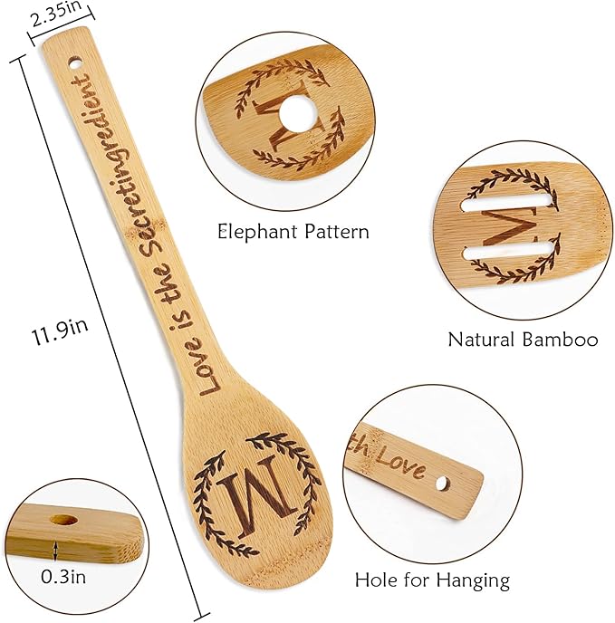 5PCS Initial Wooden Cooking Spoons Initial Letter Kitchen Decor Gifts Personalized Monogrammed Birthday Gifts for Women Mom Friend Housewarming Wedding Bamboo Cooking Spoons