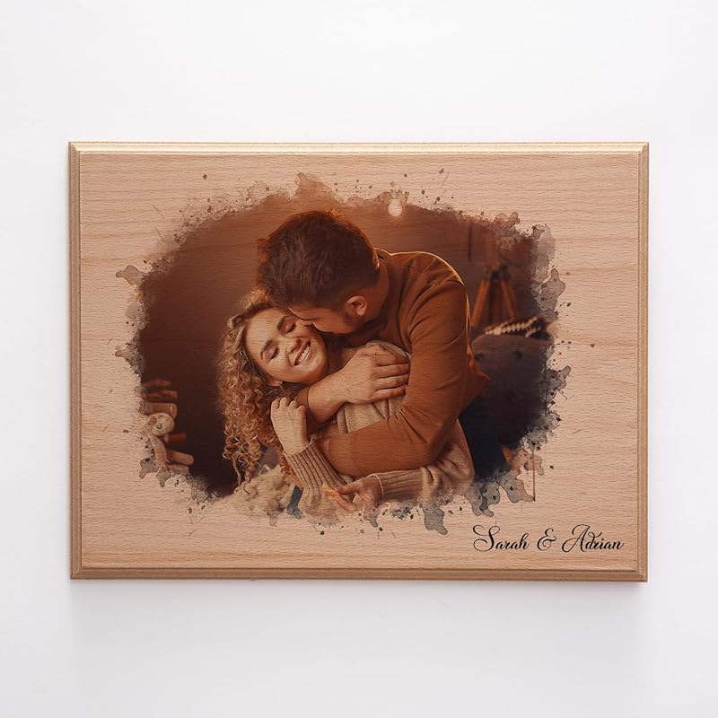 udelf Custom Photo on Wood with Text Personalization, Engraved Photo with Watercolor Style, Rustic Cottage Wall Art