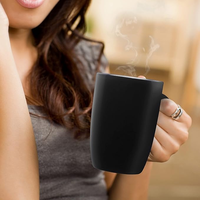 DISCOUNT PROMOS 10 Large Mocha Glossy Ceramic Coffee Mugs Set, 16 oz. - Stoneware, Smooth, Durable, C-handle - Black