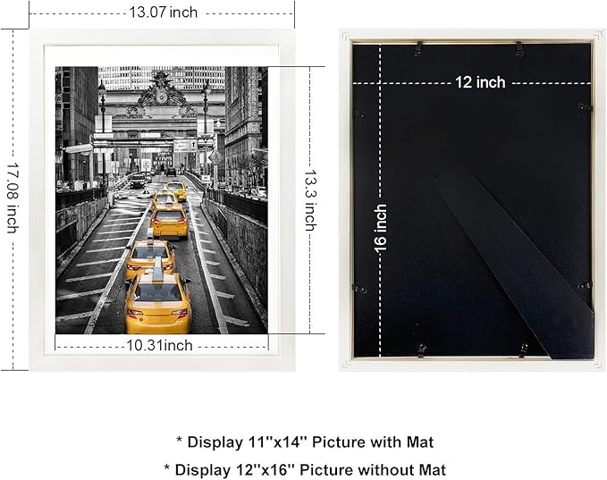 12x16 White Picture Frame to Display 11x14 Photo with Mat or 12 by 16 Picture Without Mats Picture Frames Wall Art for Living Room Wall Mounting and Tabletop Decor