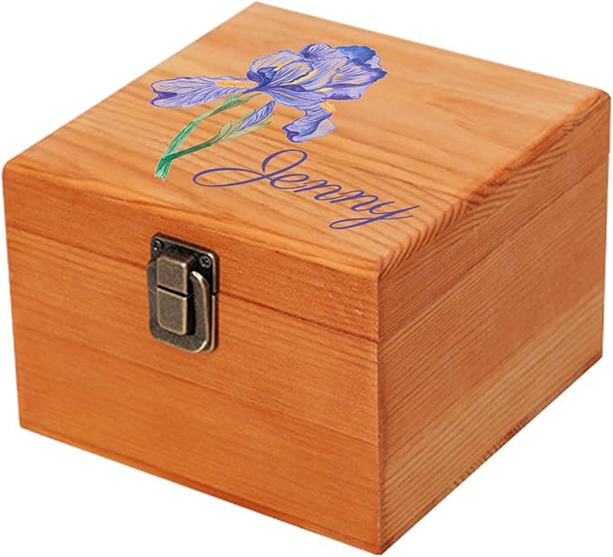 Personalized Wooden Keepsake Memory Box with Birth Flower & Name, Custom Wood Decorative Storage Box with Lids Customized Christmas Gift Box for Women Teen Girls Mom Birthday Gifts