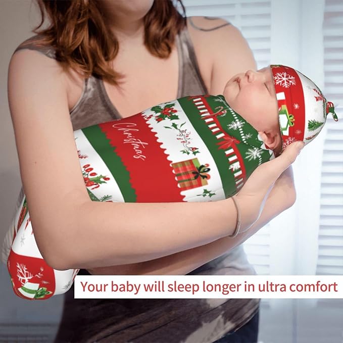 Christmas Baby Swaddle Blanket and Hat Set for Newborn Boys Girls Soft Infant Wrap Sleep 0-6 Months Happy Xmas